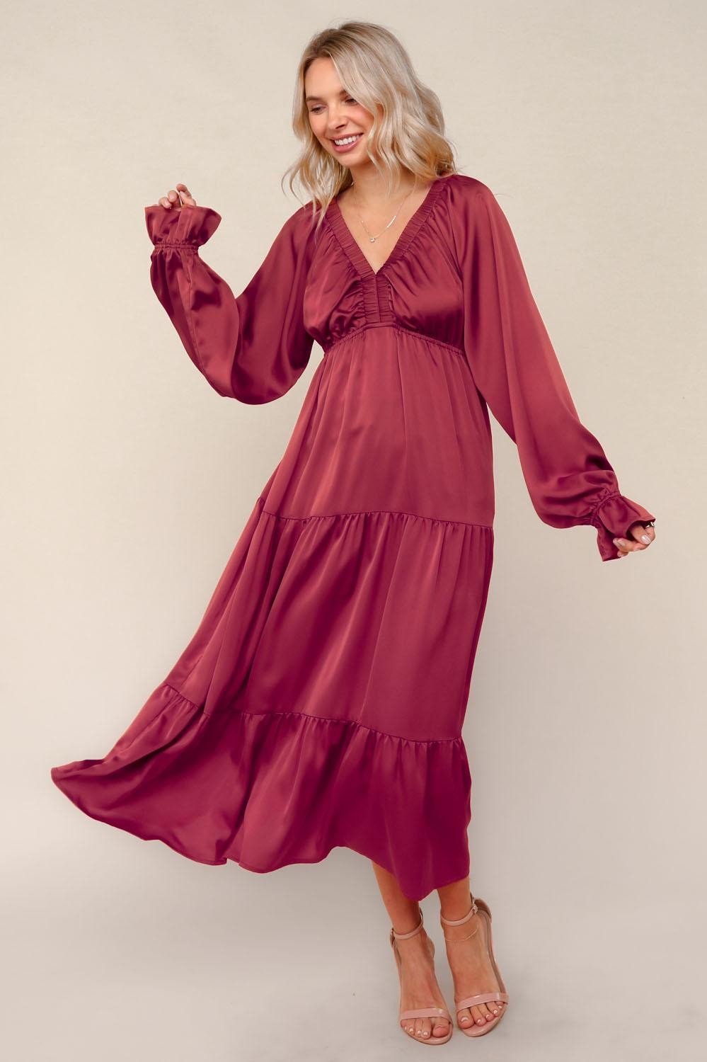 Burgundy Solid V-Neck Satin Long Sleeve Maxi Dress PinkBlush Burgundy Solid V-Neck Satin Long Sleeve Maxi Dress PinkBlush