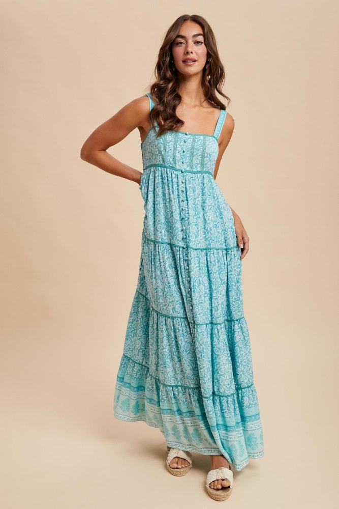 Aqua Border Print Sleeveless Maxi Dress
