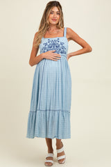 Light Blue Cross Stitch Embroidered Maternity Maxi Dress