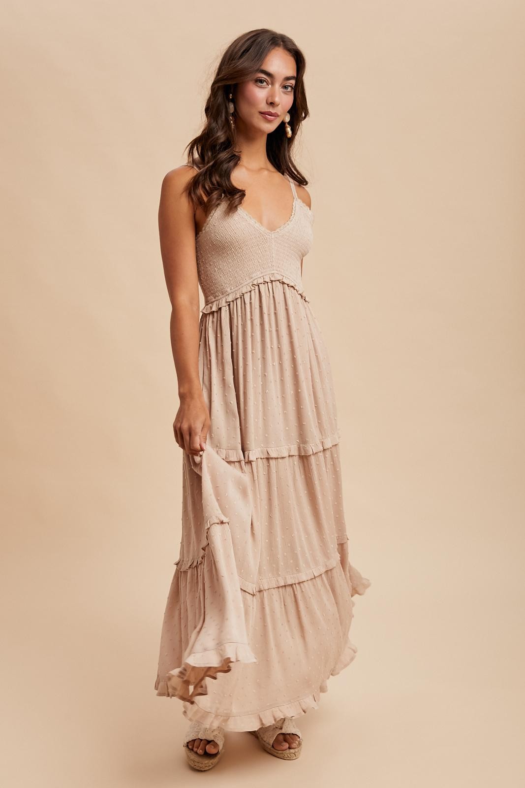 Beige Swiss Dot Smocked Sleeveless Maxi Dress