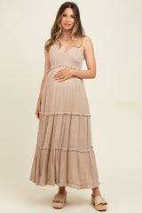 Beige Swiss Dot Smocked Sleeveless Maternity Maxi Dress