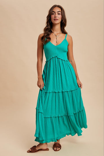 Emerald Swiss Dot Smocked Sleeveless Maxi Dress