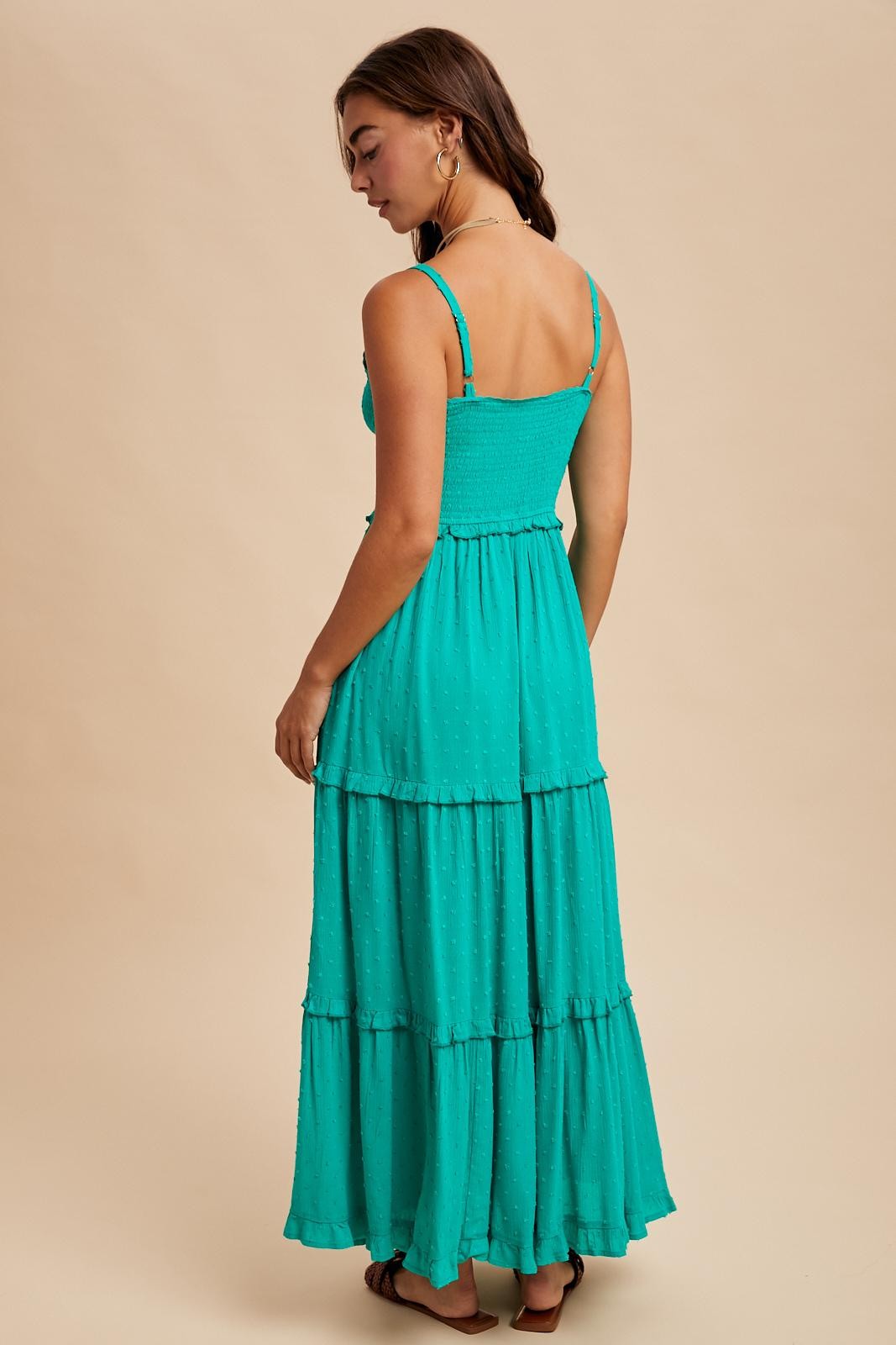 Emerald Swiss Dot Smocked Sleeveless Maxi Dress