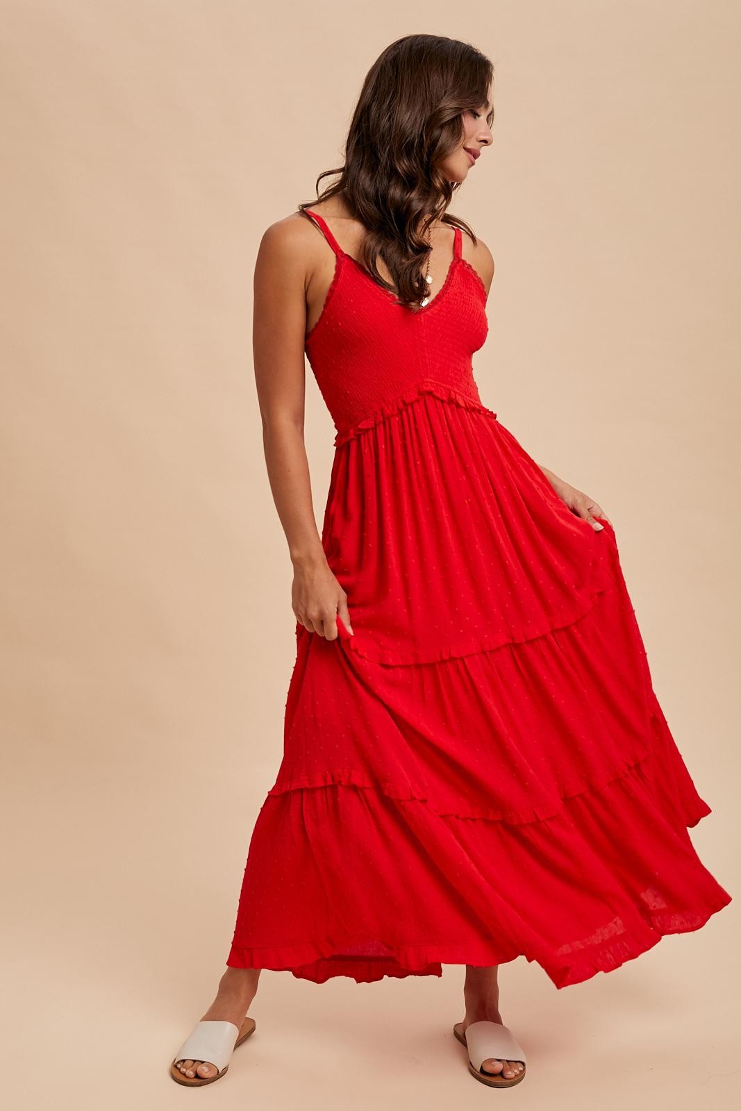 Red Swiss Dot Smocked Sleeveless Maxi Dress PinkBlush Red Swiss Dot Smocked Sleeveless Maxi Dress PinkBlush