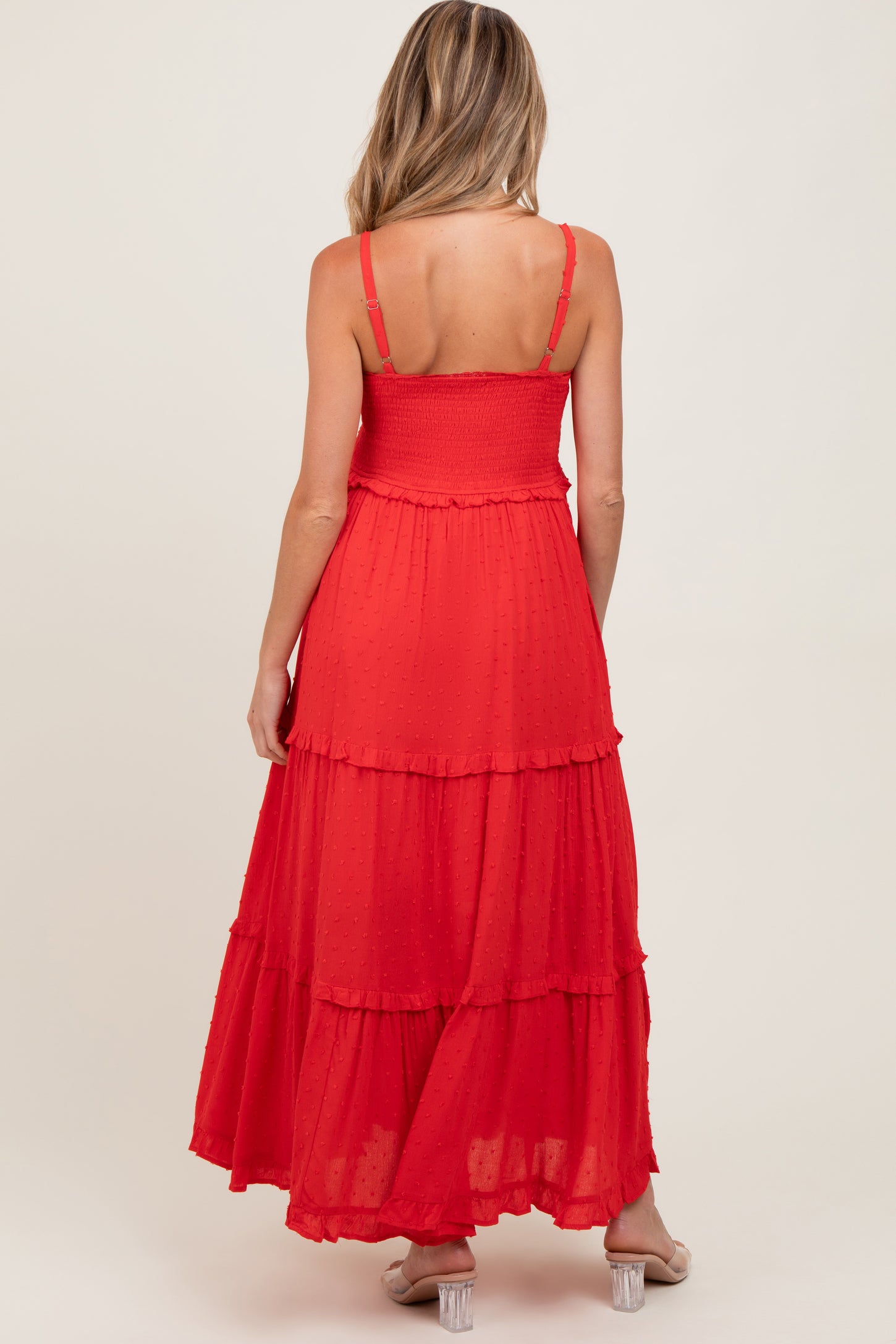 Red Swiss Dot Smocked Sleeveless Maternity Maxi Dress