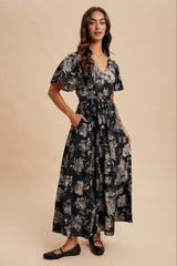 Black Multi Floral Flutter Sleeve Maxi Dress