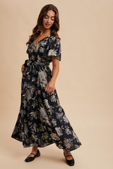 Black Multi Floral Flutter Sleeve Maxi Dress