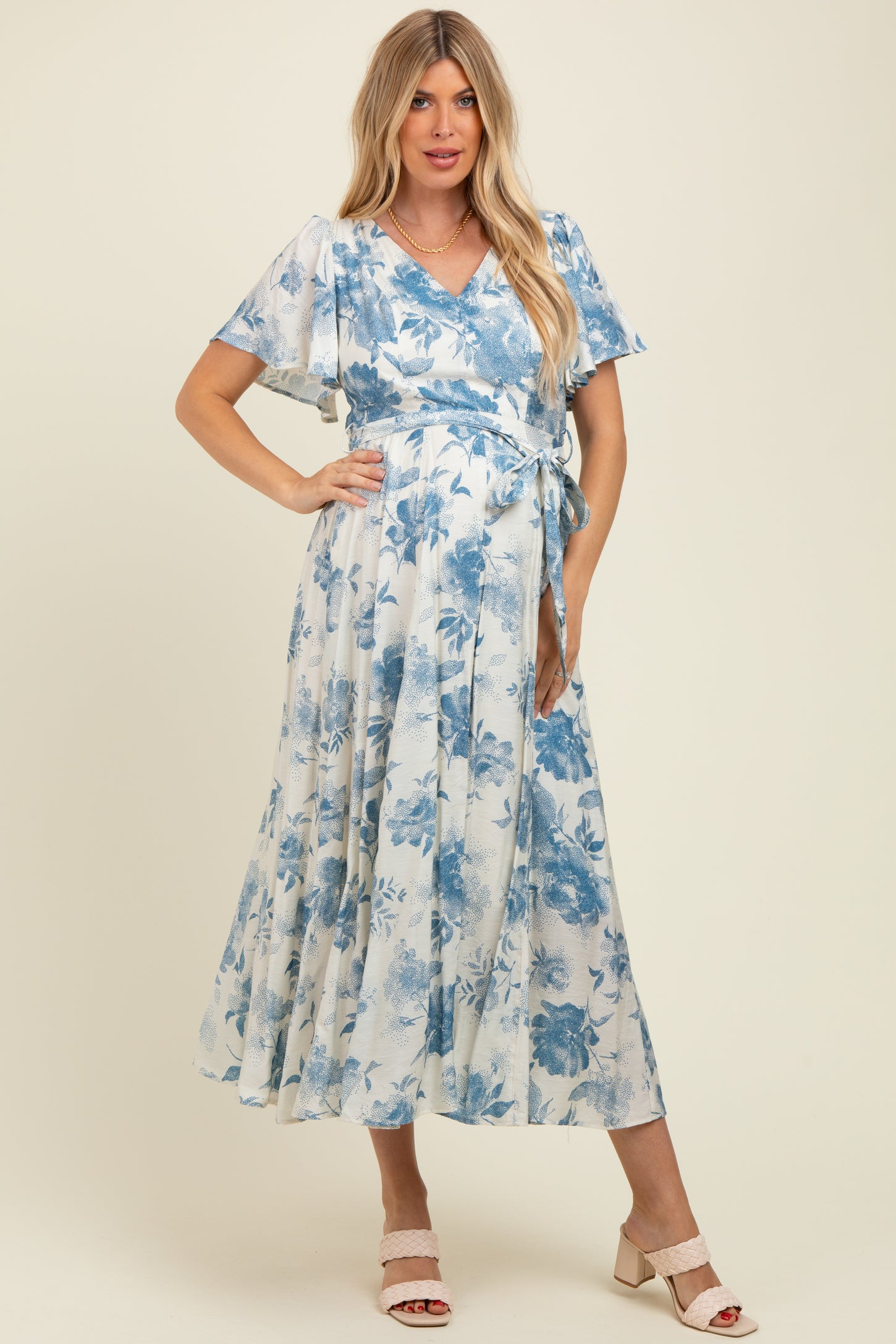 Ivory Multi Floral Flutter Sleeve Maternity Maxi Dress