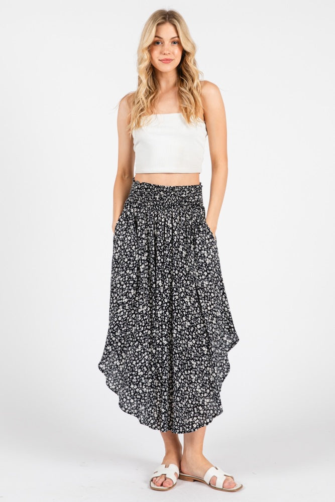 Black Floral Smocked Waist Round Hem Midi Skirt