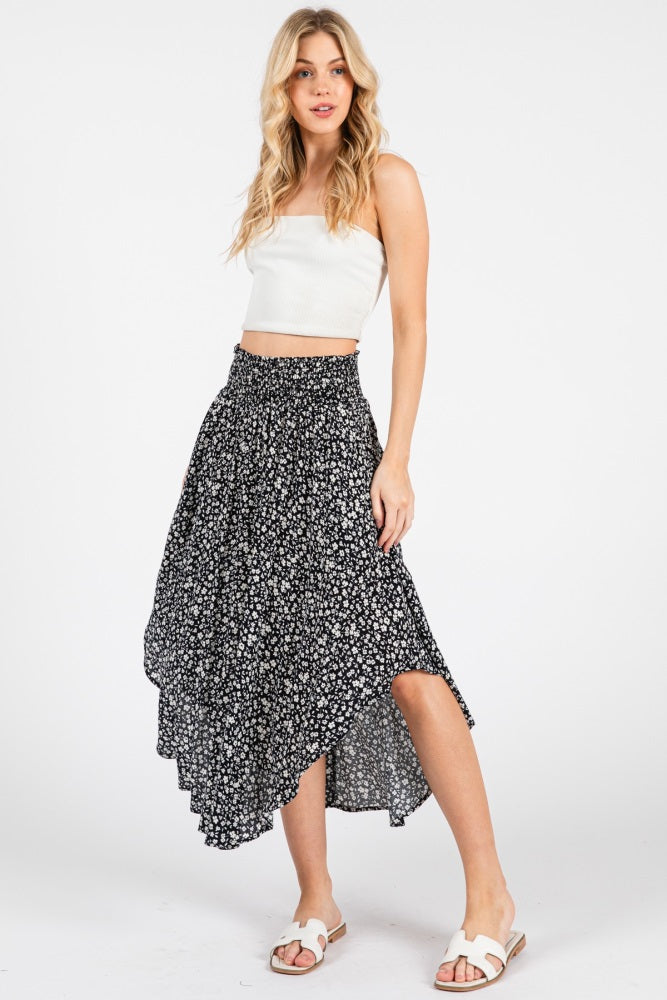 Black Floral Smocked Waist Round Hem Midi Skirt
