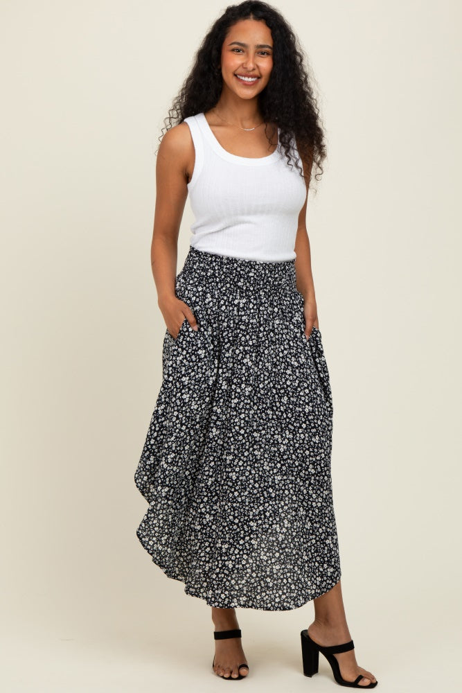 Black Floral Smocked Waist Round Hem Maternity Midi Skirt