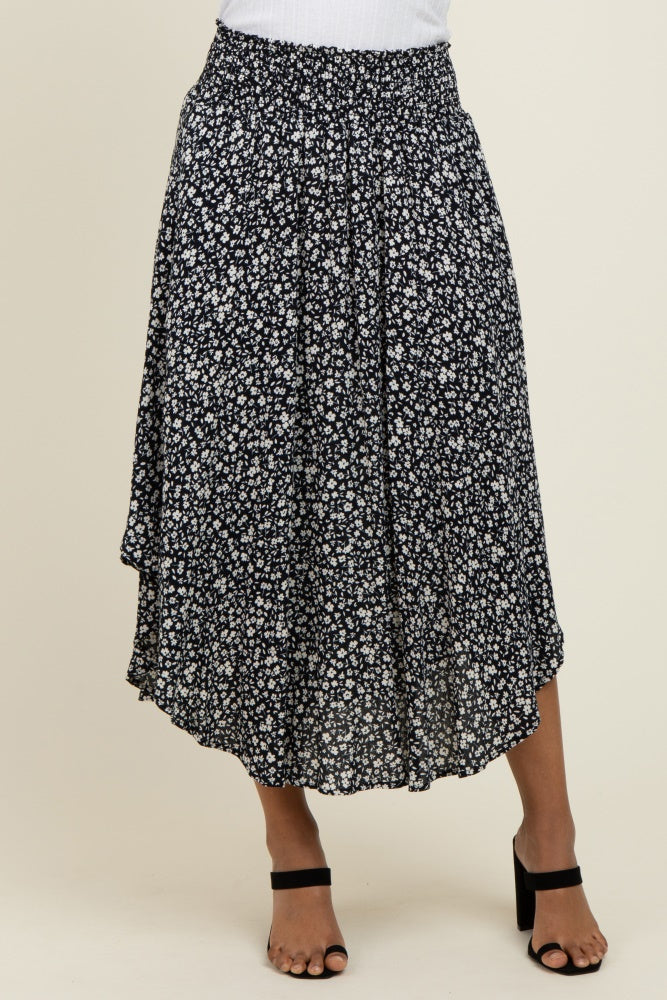 Black Floral Smocked Waist Round Hem Midi Skirt
