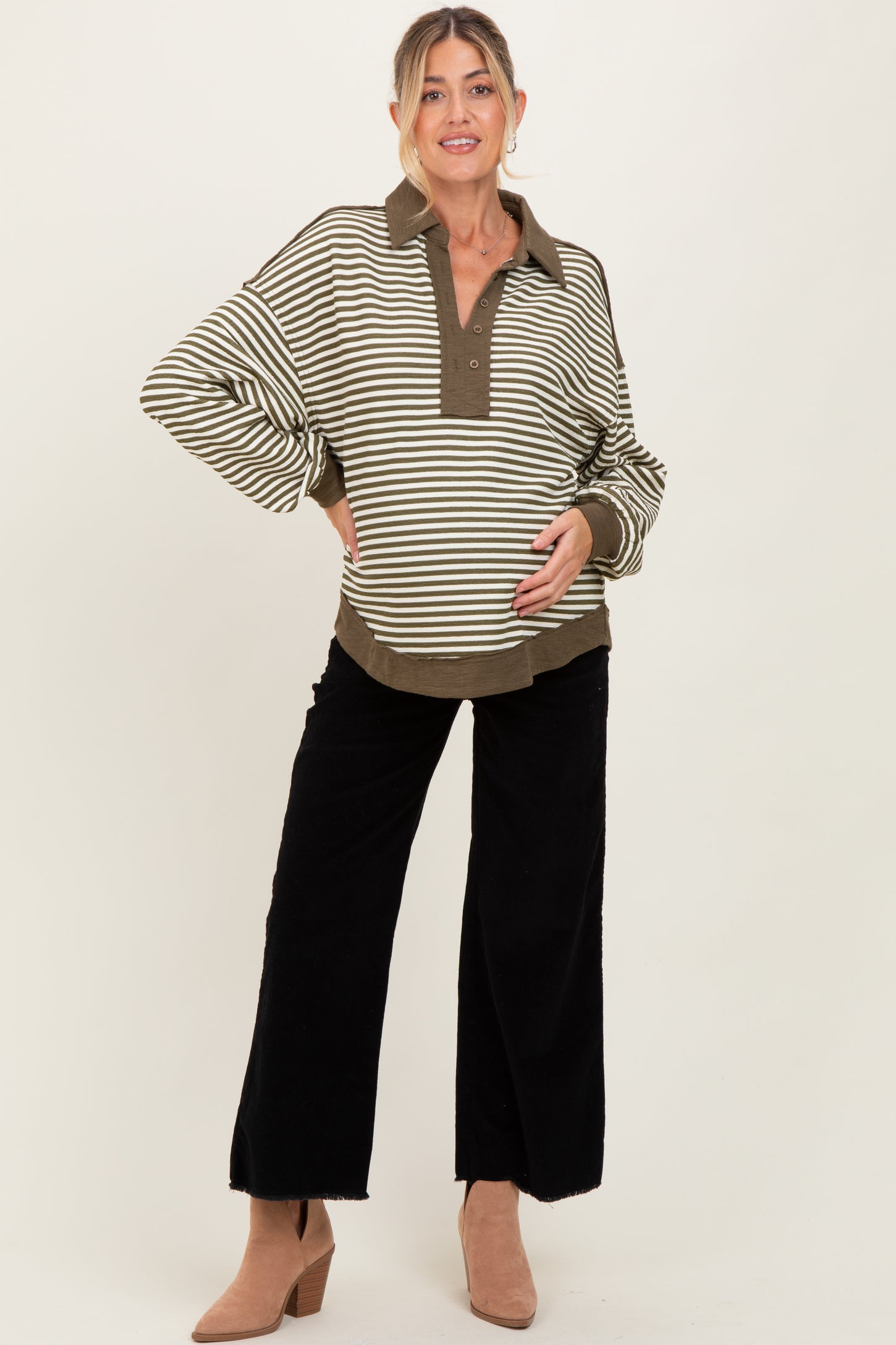 Olive Striped Oversized Collared Pullover Maternity Top