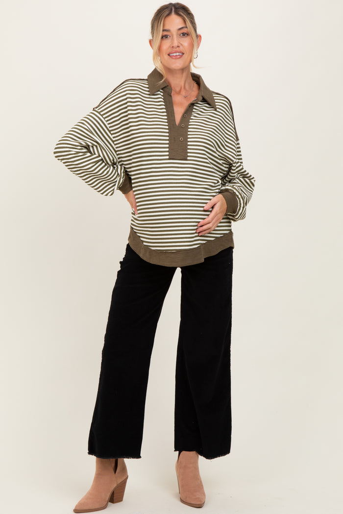Olive Striped Oversized Collared Pullover Maternity Top