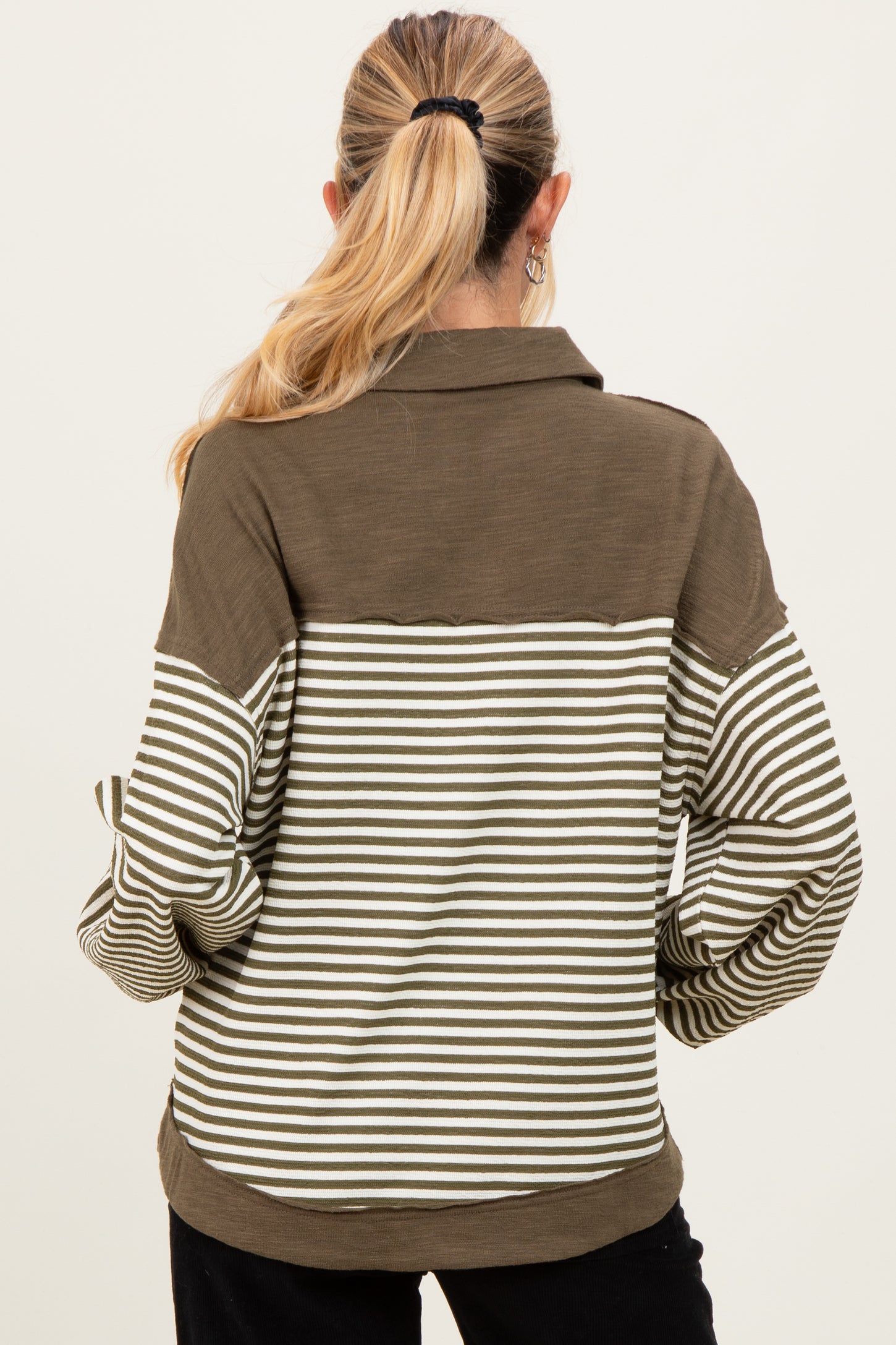 Olive Striped Oversized Collared Pullover Maternity Top