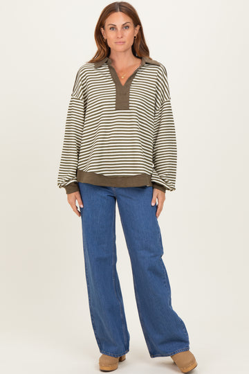 Olive Striped Oversized Collared Pullover Top