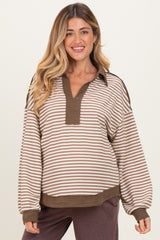 Mocha Striped Oversized Collared Pullover Maternity Top