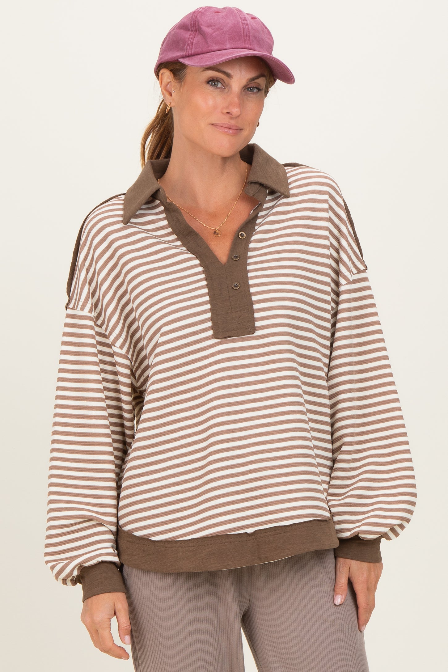 Mocha Striped Oversized Collared Pullover Top