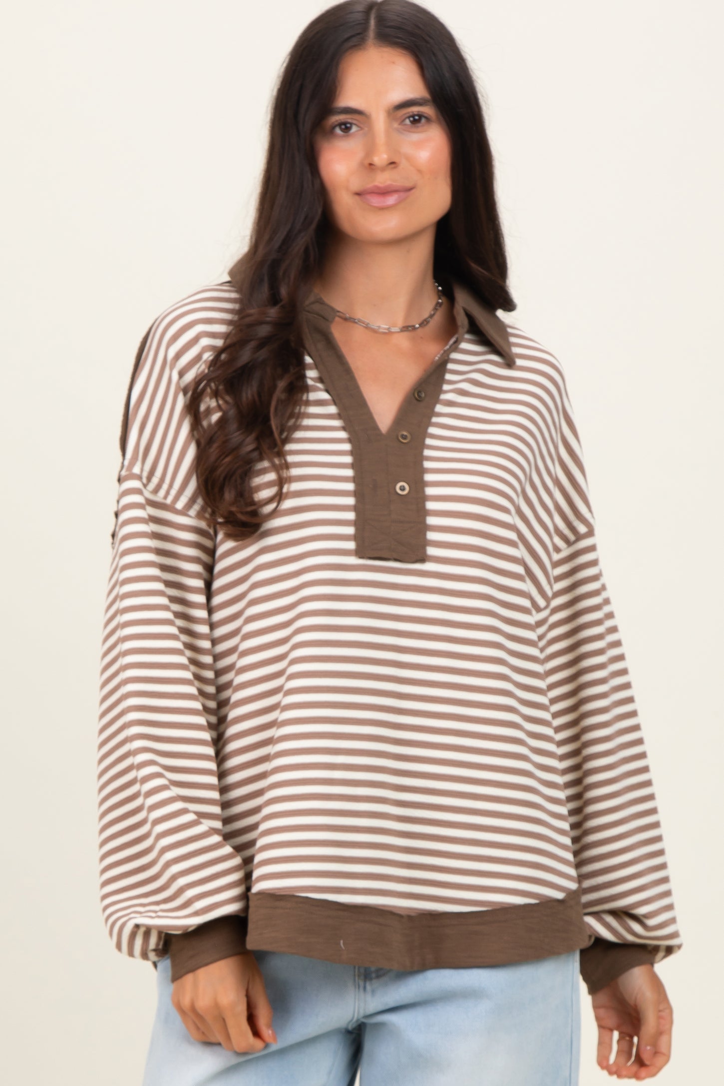 Mocha Striped Oversized Collared Pullover Top