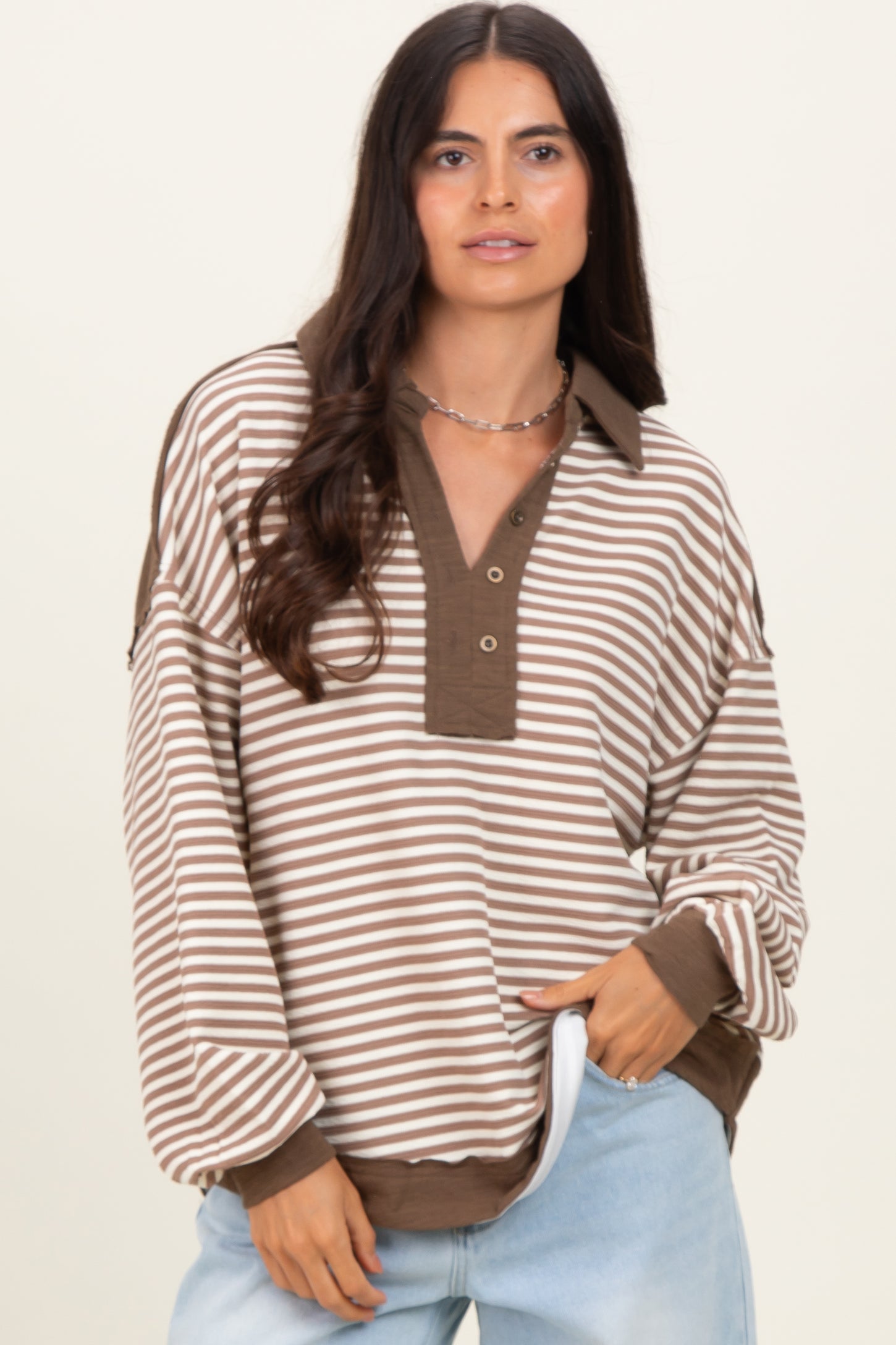 Mocha Striped Oversized Collared Pullover Top