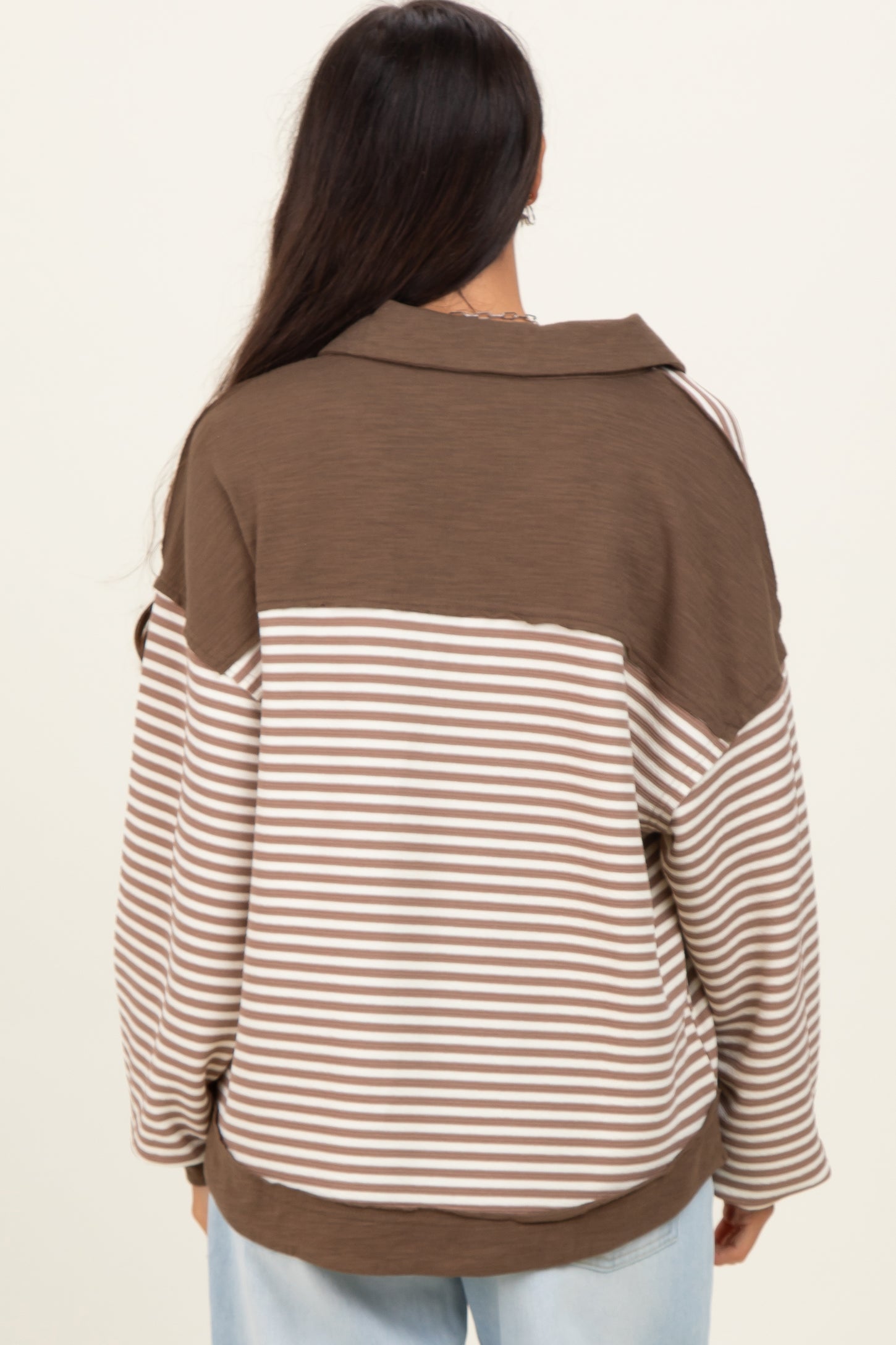 Mocha Striped Oversized Collared Pullover Top