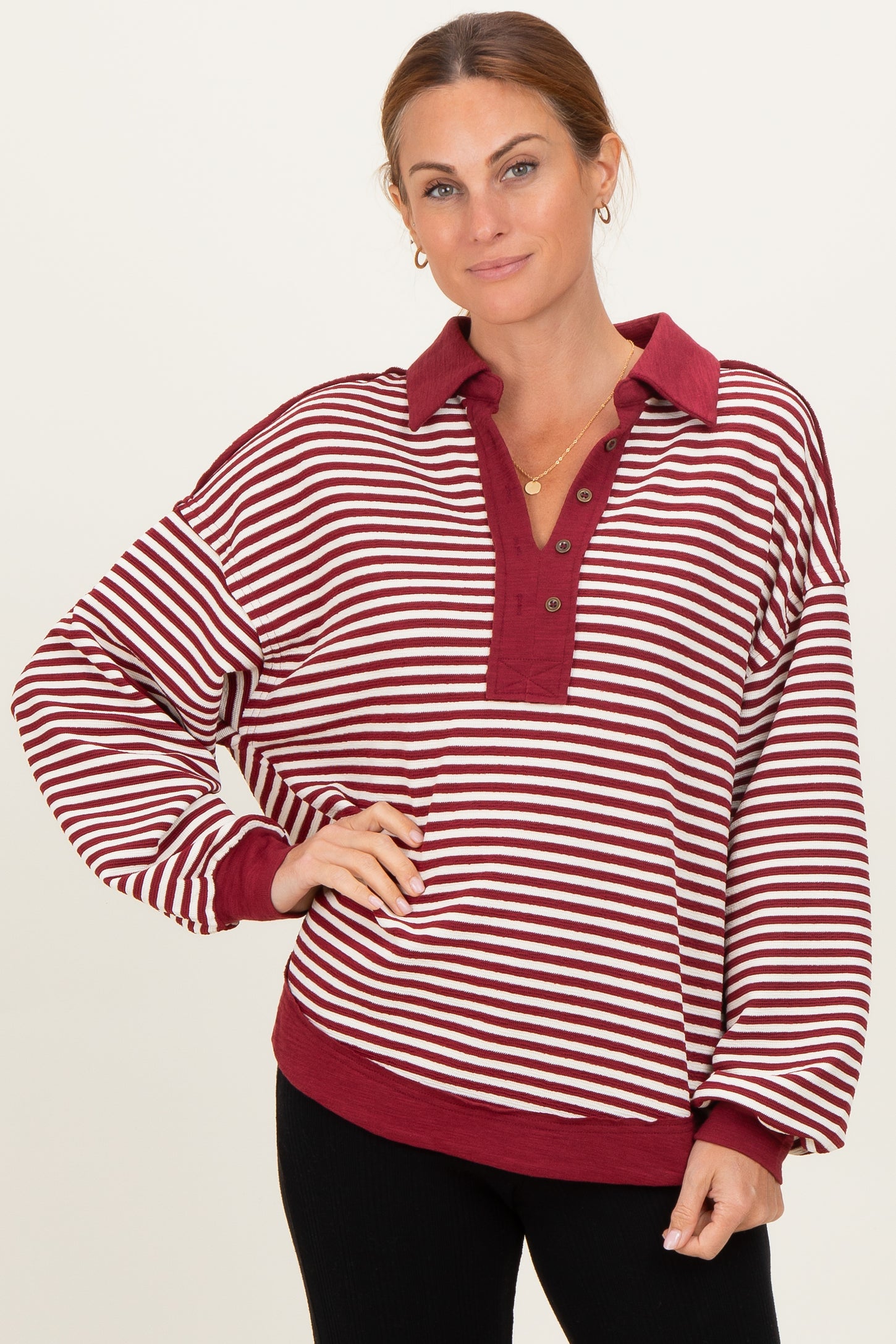 Burgundy Striped Oversized Collared Pullover Top