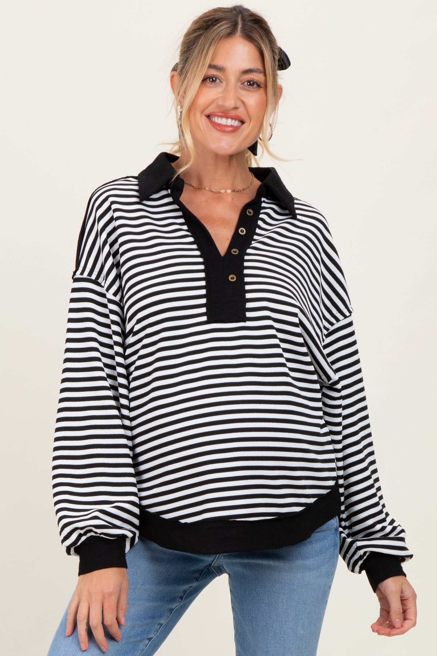 Black Striped Oversized Collared Pullover Maternity Top
