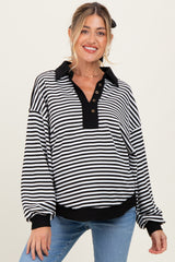 Black Striped Oversized Collared Pullover Maternity Top