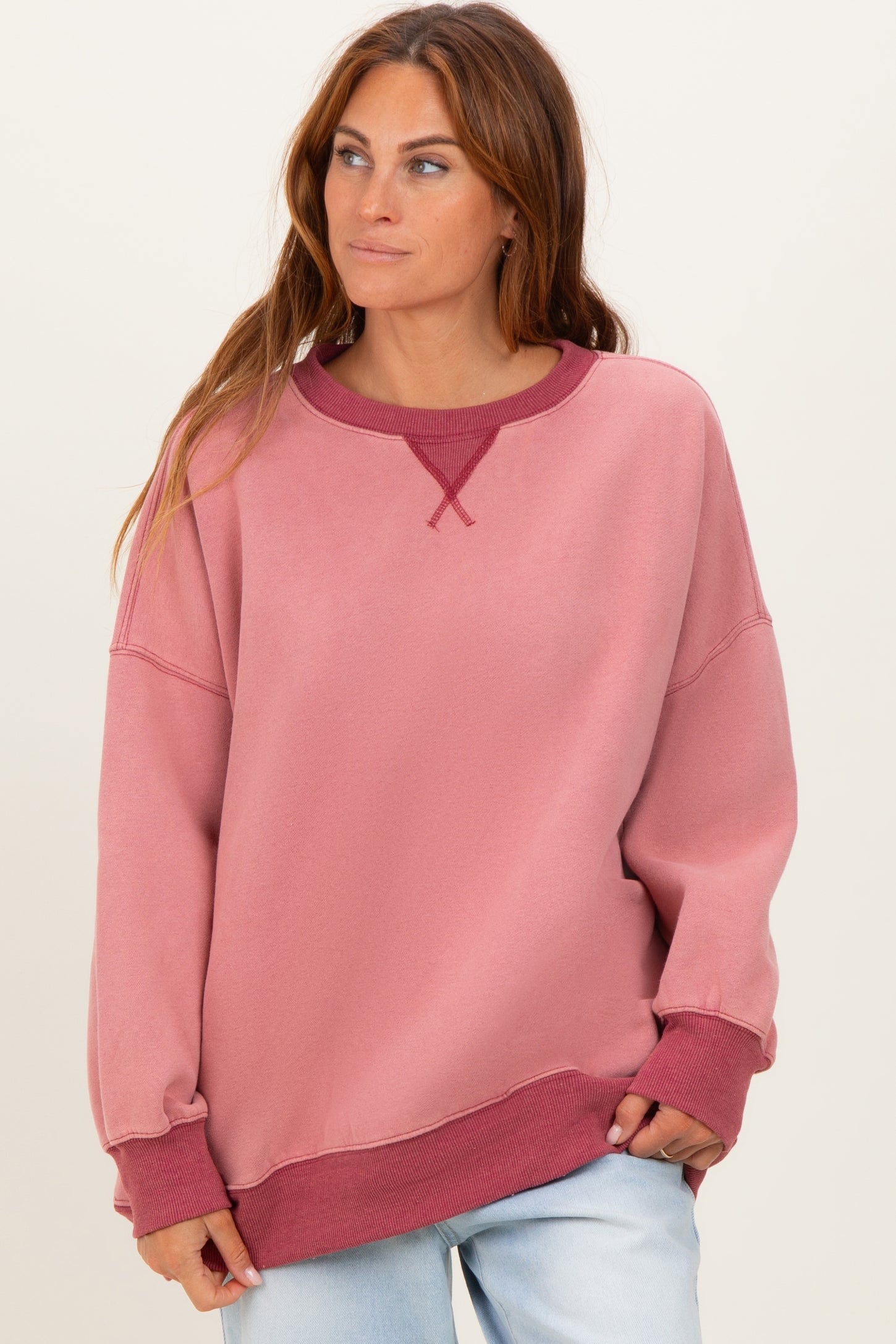 Mauve Fleece Oversized Contrast Trim Maternity Sweatshirt