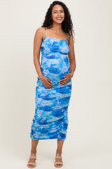 Blue Rose Floral Mesh Sleeveless Ruched Maternity Dress