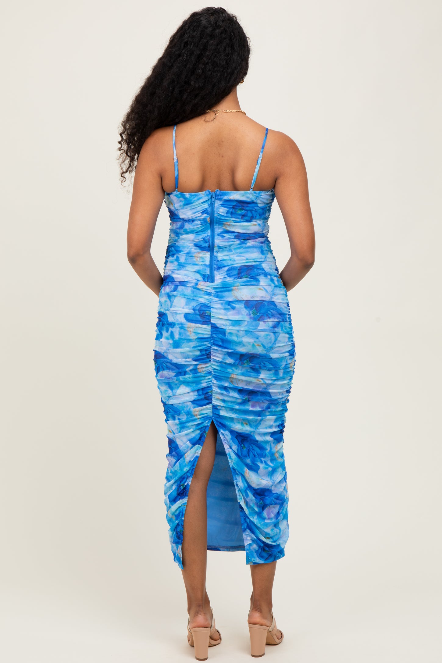 Blue Rose Floral Mesh Sleeveless Ruched Maternity Dress