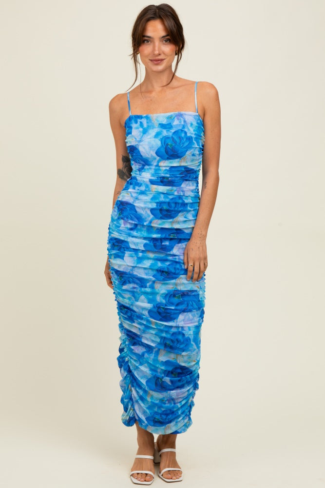 Blue Rose Floral Mesh Sleeveless Ruched Dress PinkBlush Blue Rose Floral Mesh Sleeveless Ruched Dress PinkBlush