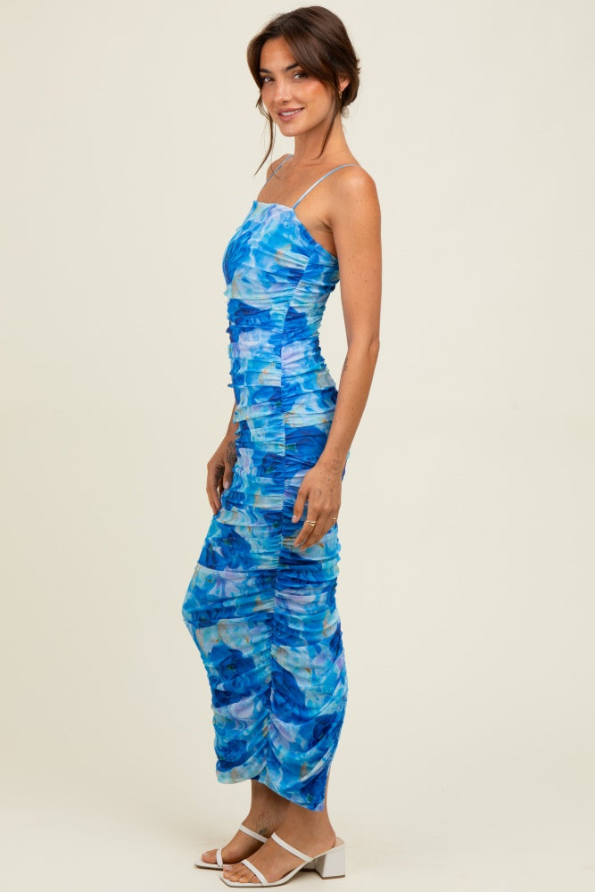 Blue Rose Floral Mesh Sleeveless Ruched Dress Blue Rose Floral Mesh Sleeveless Ruched Dress