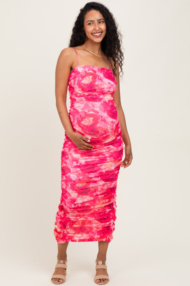 Fuchsia Rose Floral Mesh Sleeveless Ruched Maternity Dress
