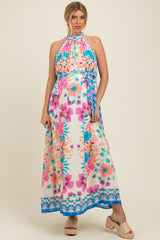 Pink Floral Border Print Halter Maternity Maxi Dress