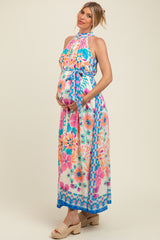 Pink Floral Border Print Halter Maternity Maxi Dress