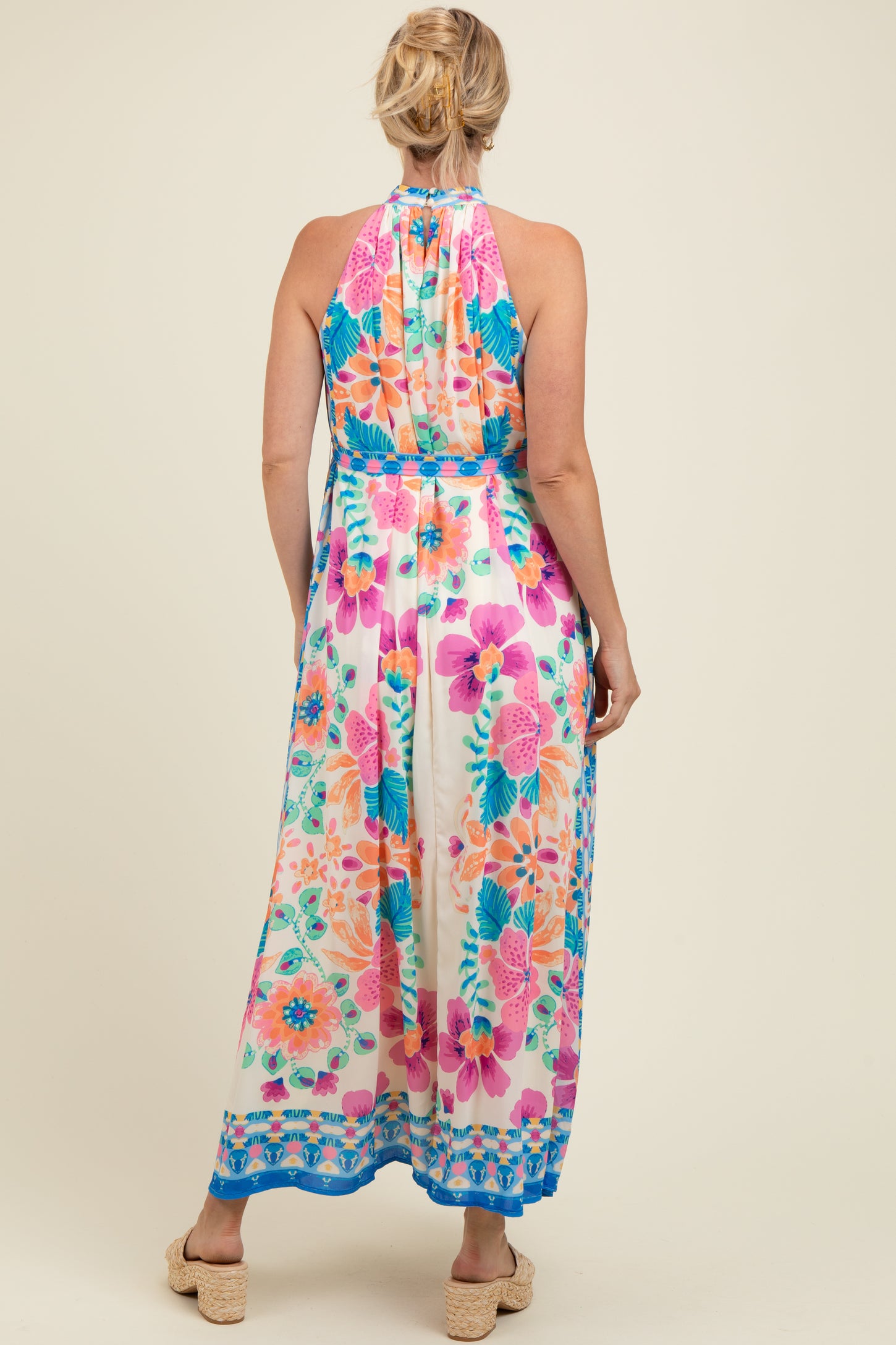 Pink Floral Border Print Halter Maternity Maxi Dress