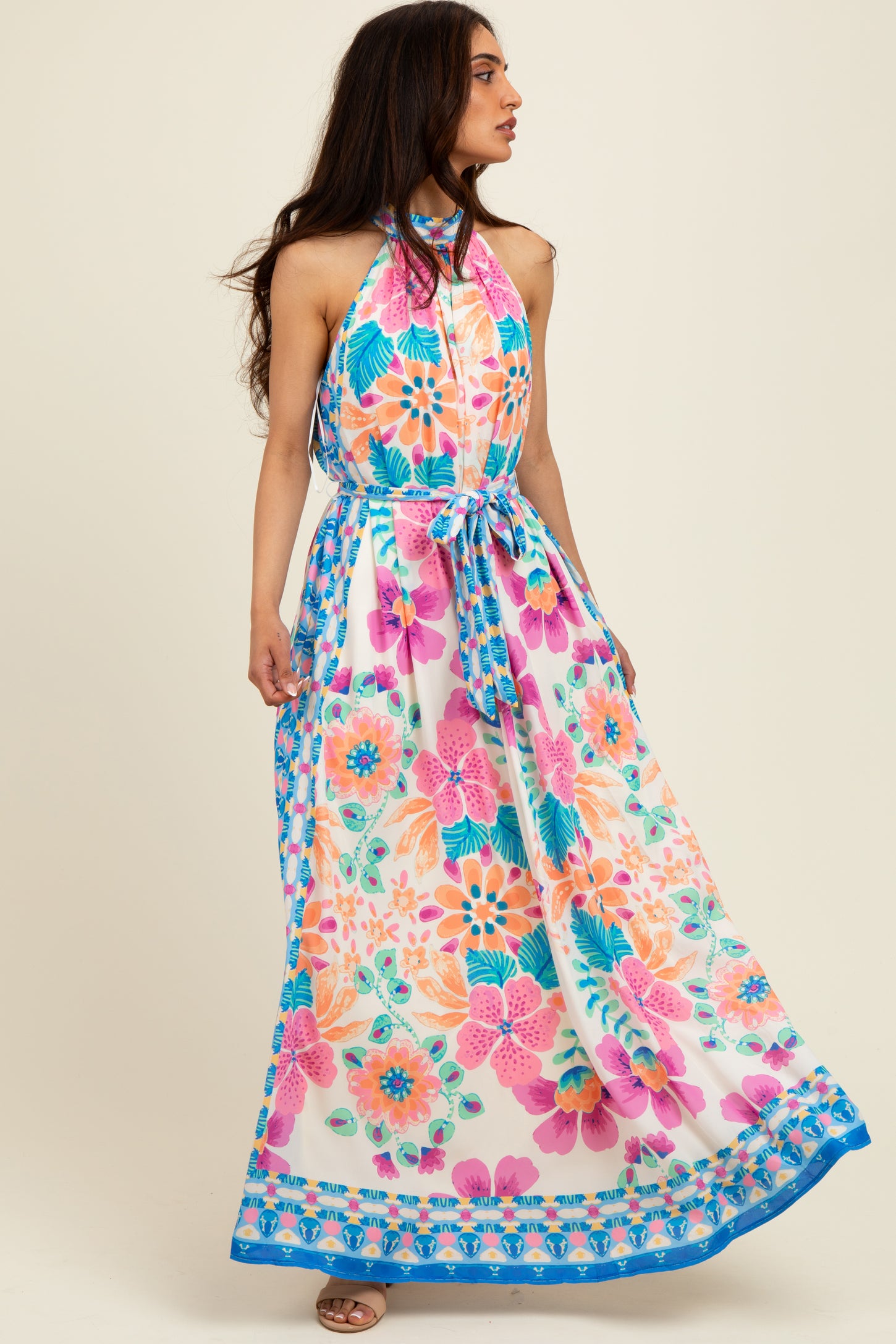 Pink Floral Border Print Halter Maxi Dress Pink Floral Border Print Halter Maxi Dress