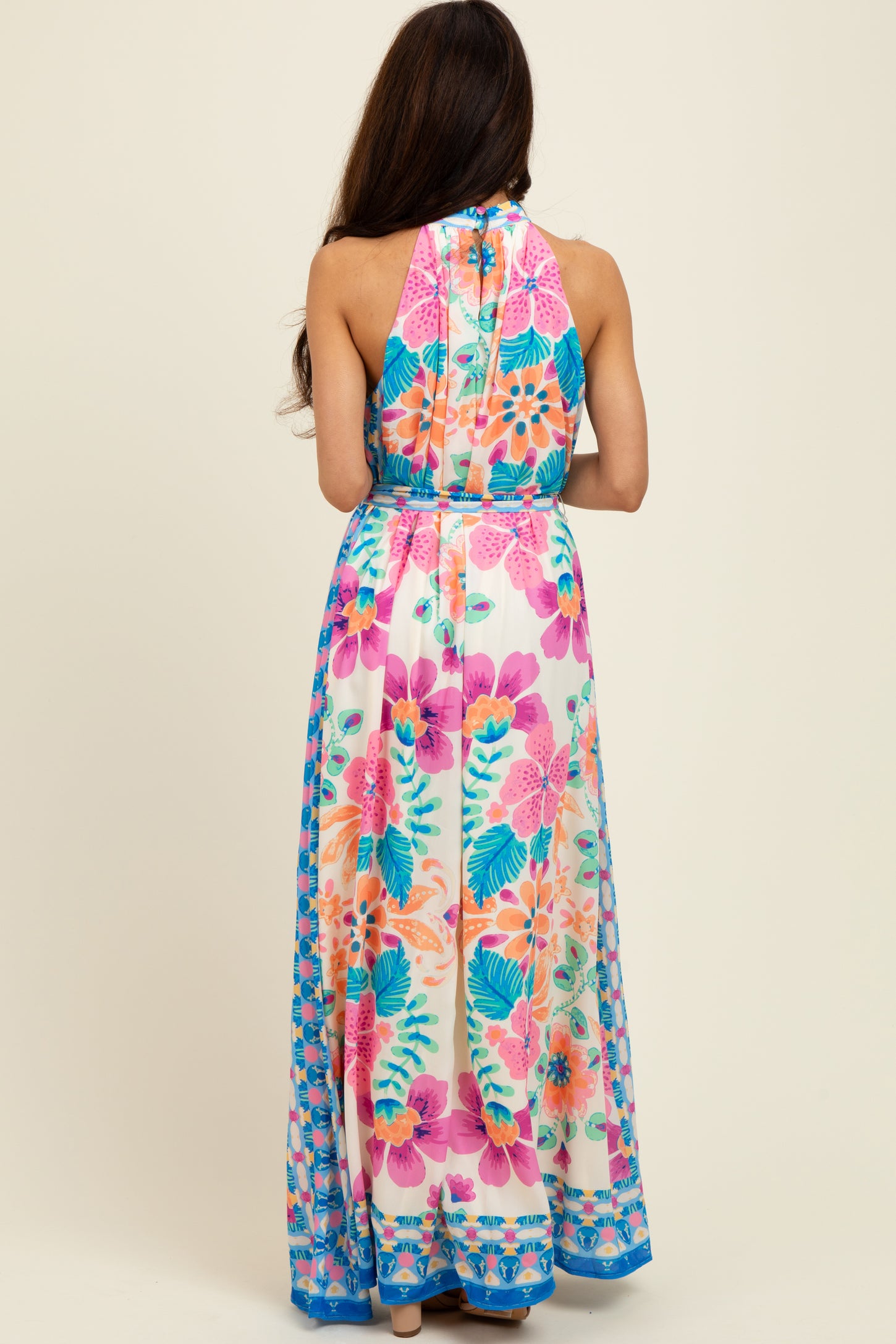 pink floral halter dress Pink Floral Halter Midi Dress