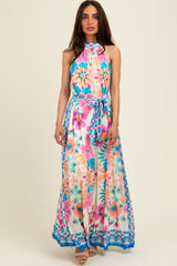 Pink Floral Border Print Halter Maxi Dress