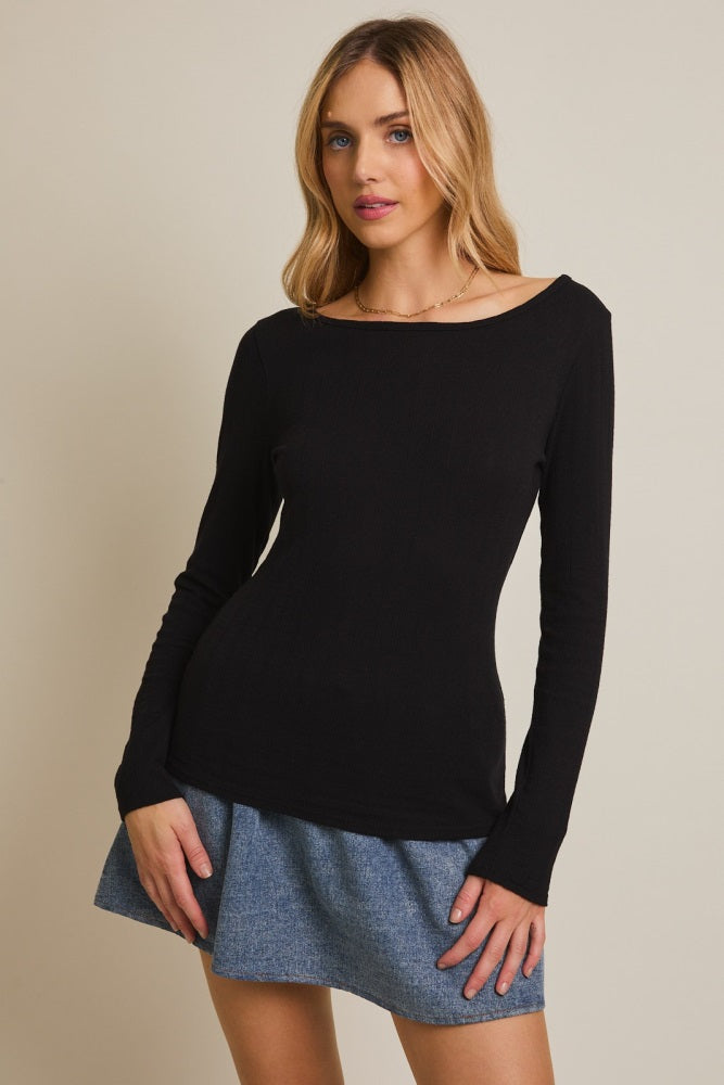 Black Boat Neck Long Sleeve Top
