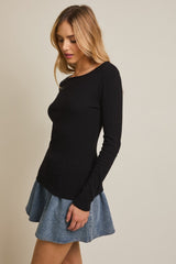 Black Boat Neck Long Sleeve Top