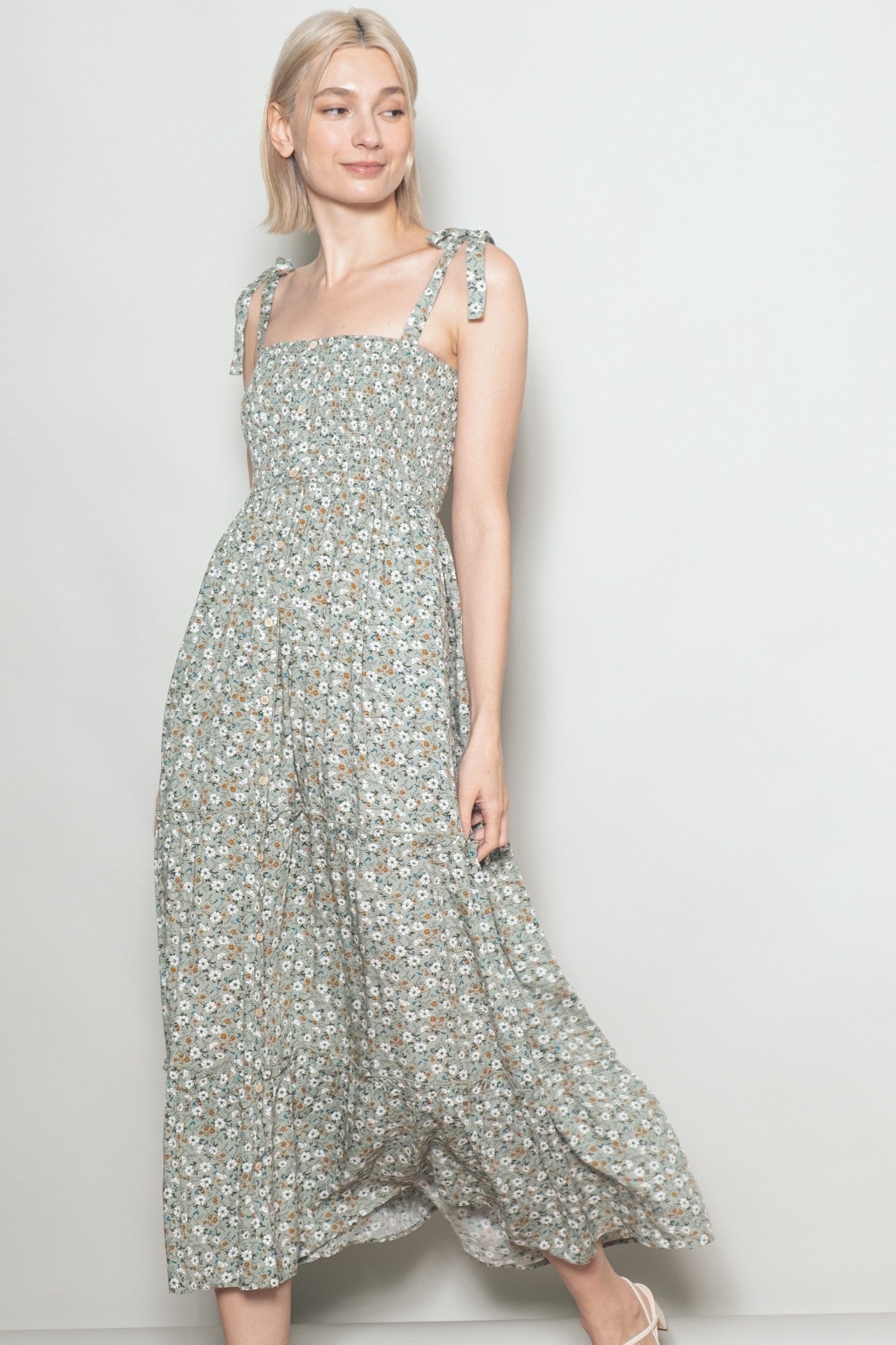 Light Olive Floral Button Down Shoulder Tie Maxi Dress