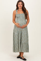 Light Olive Floral Button Down Shoulder Tie Maternity Maxi Dress