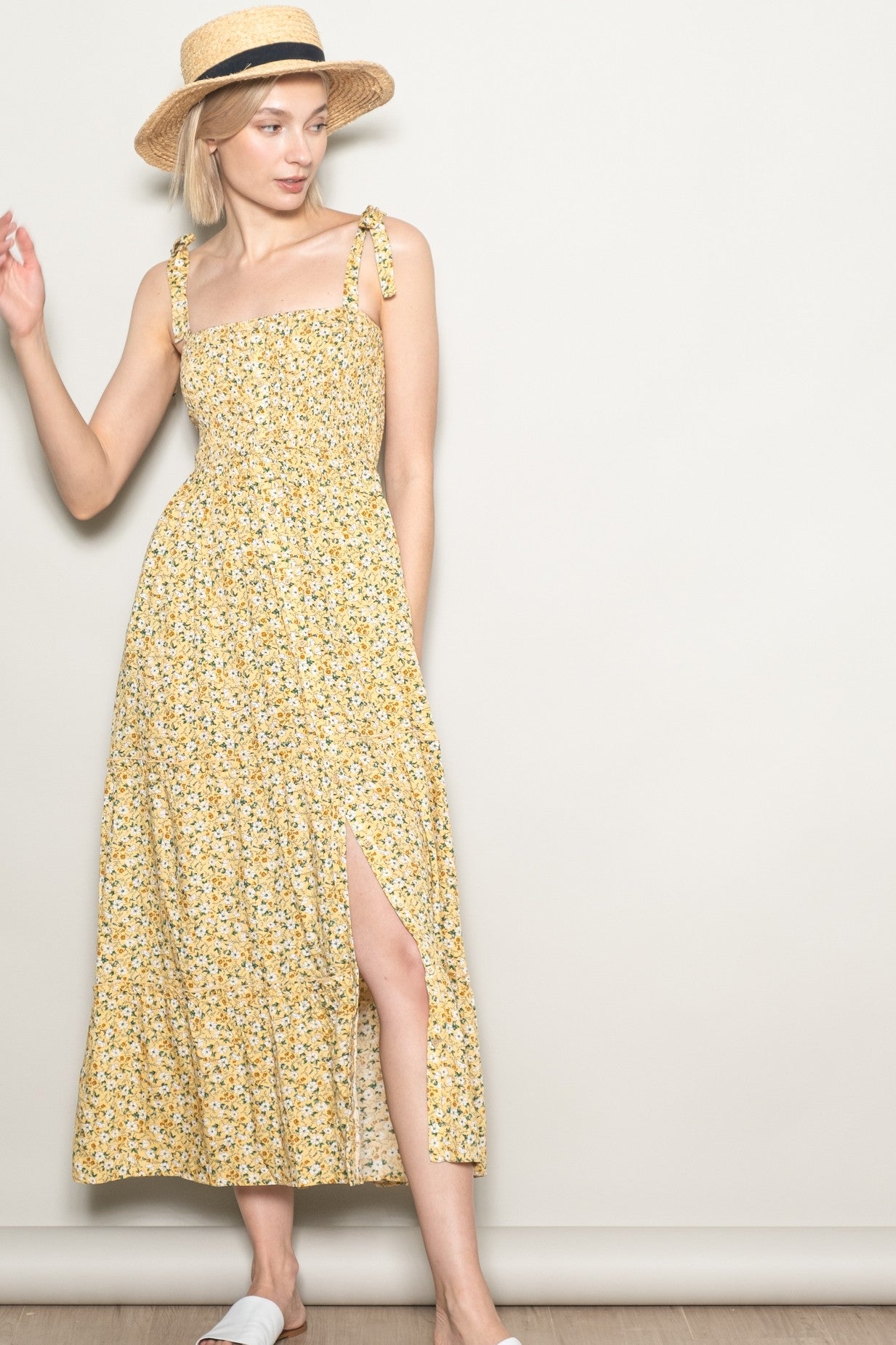 Yellow Floral Button Down Shoulder Tie Maxi Dress