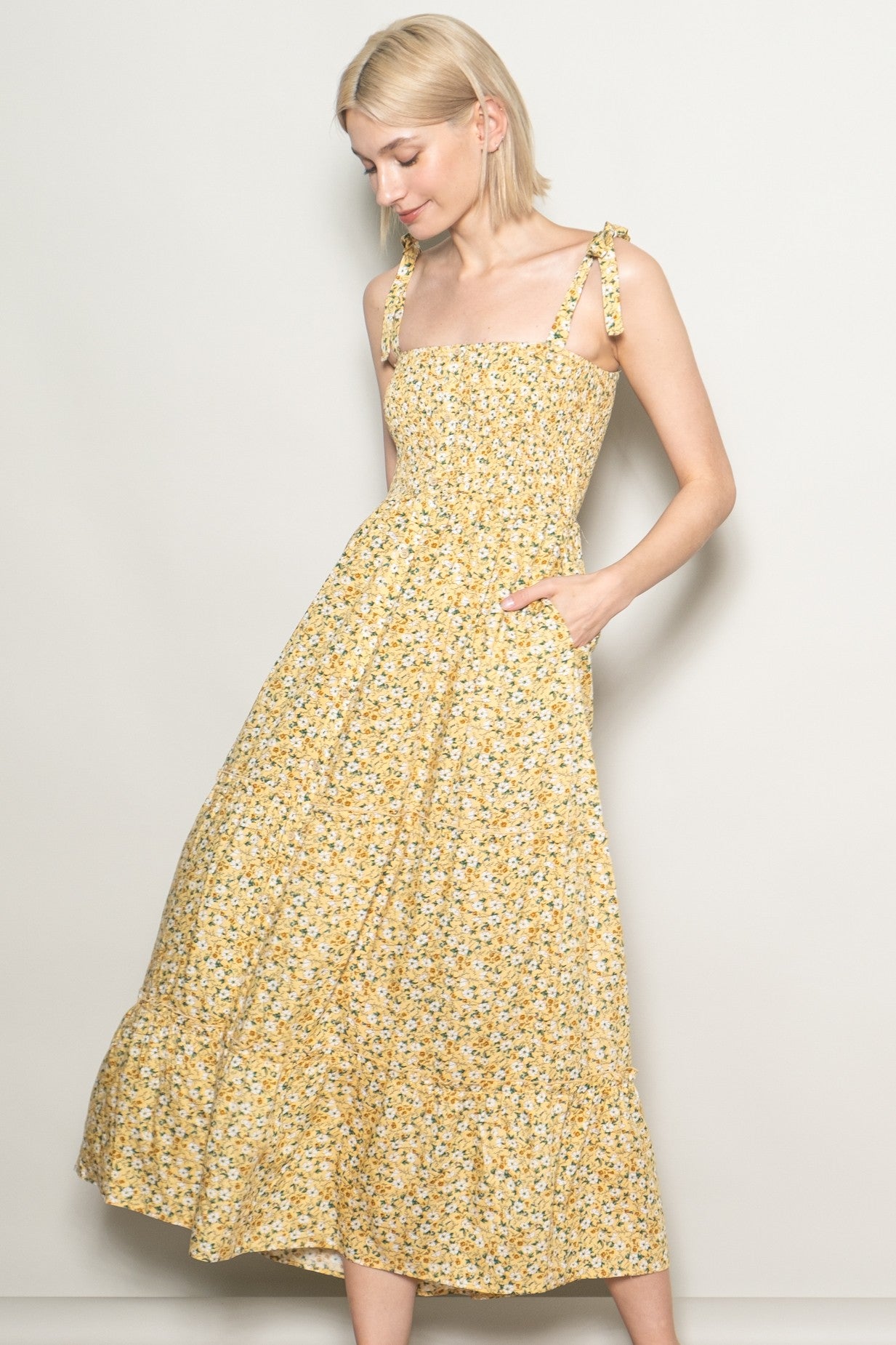button down dress yellow Floral Shoulder Tie Maxi and hem Daisy Street Nectar Puff Product-9503 COLOR:Warm Taupe/White