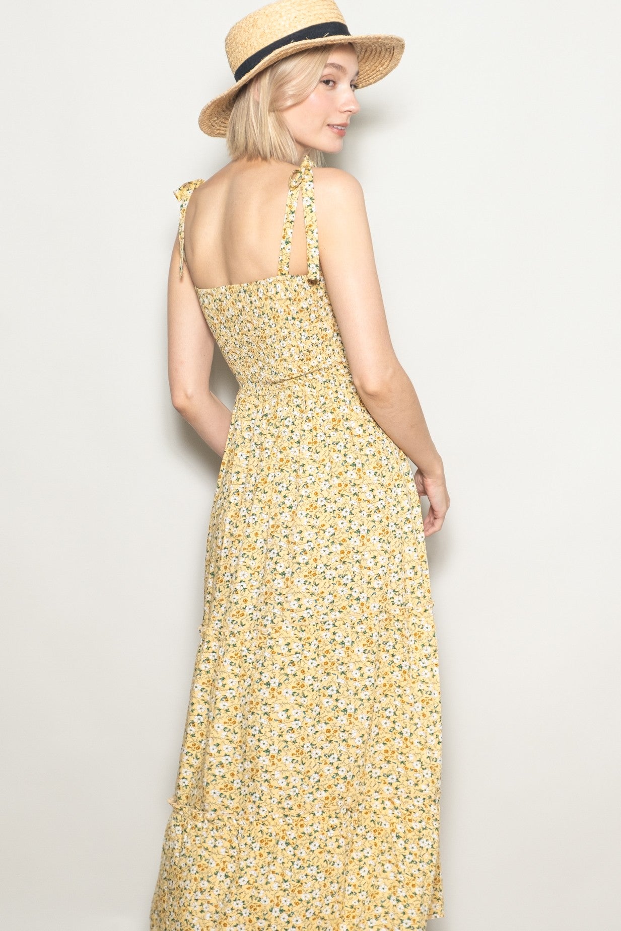 Yellow Floral Button Down Shoulder Tie Maxi Dress