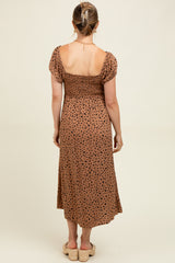 Camel Animal Print Button Accent Maternity Midi Dress