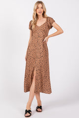 Camel Animal Print Button Accent Midi Dress
