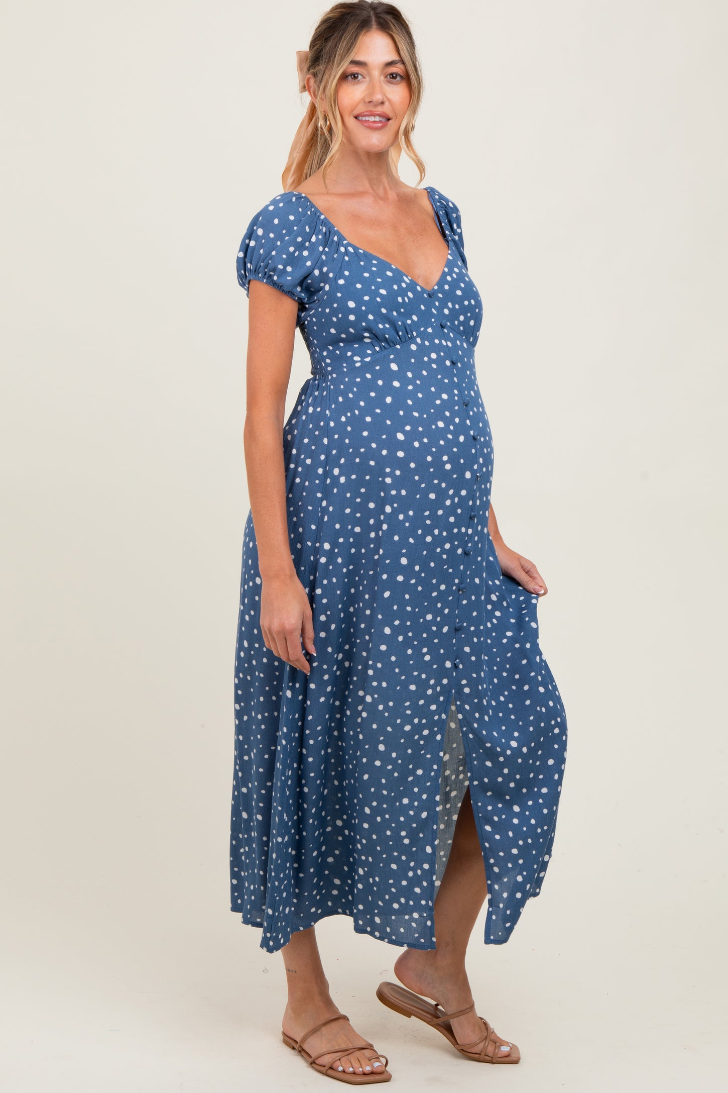 Blue Printed Button Accent Puff Sleeve Maternity Midi Dress